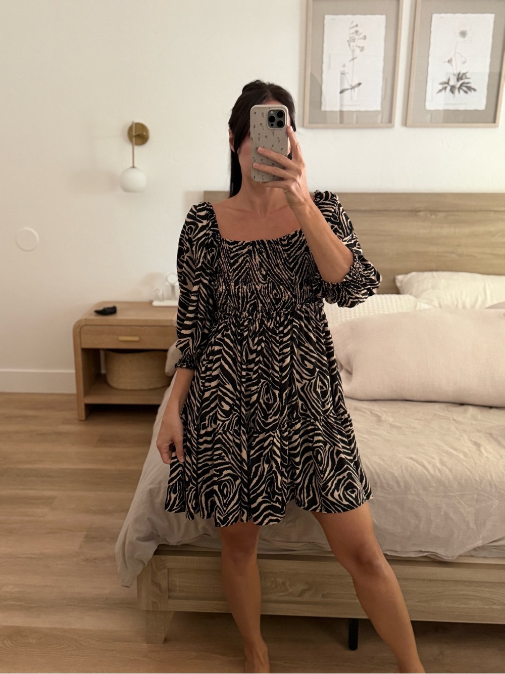Crescent Black and Cream Zebra-Print Square Neck Mini Dress